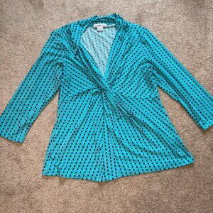 Liz Claiborne Turquoise Geometric Print Stretch Twist Front Jersey Blouse L